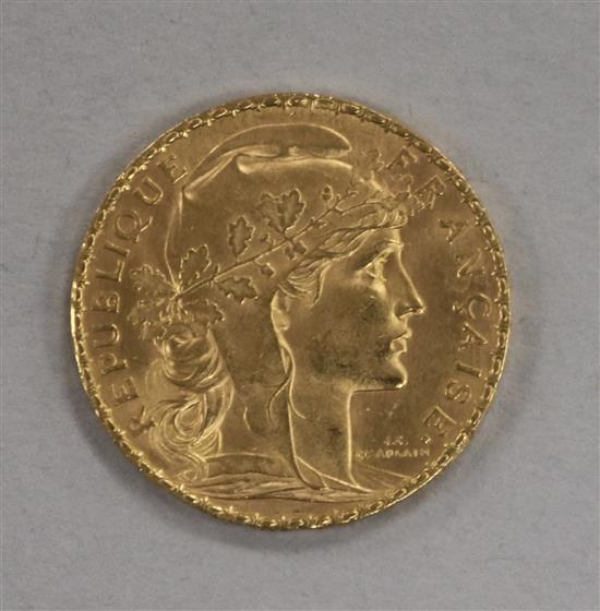 A French 20 Franc gold coin, 1907, 6.45g, NEF